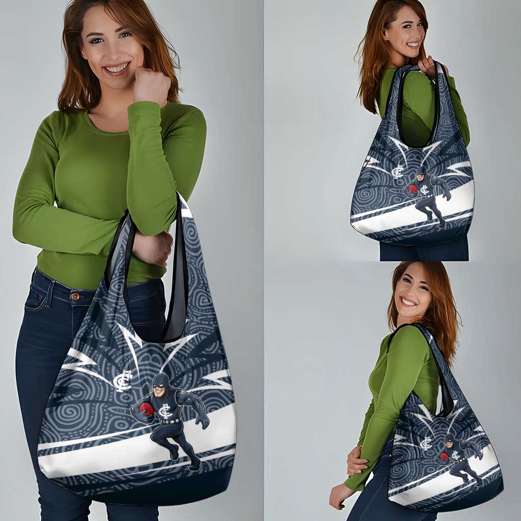 Carlton Blues Australian Football Grocery Bag Superhero Mascot With Indigenous Pattern Art