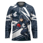 Carlton Blues Australian Football Hockey Jersey Superhero Mascot With Indigenous Pattern Art