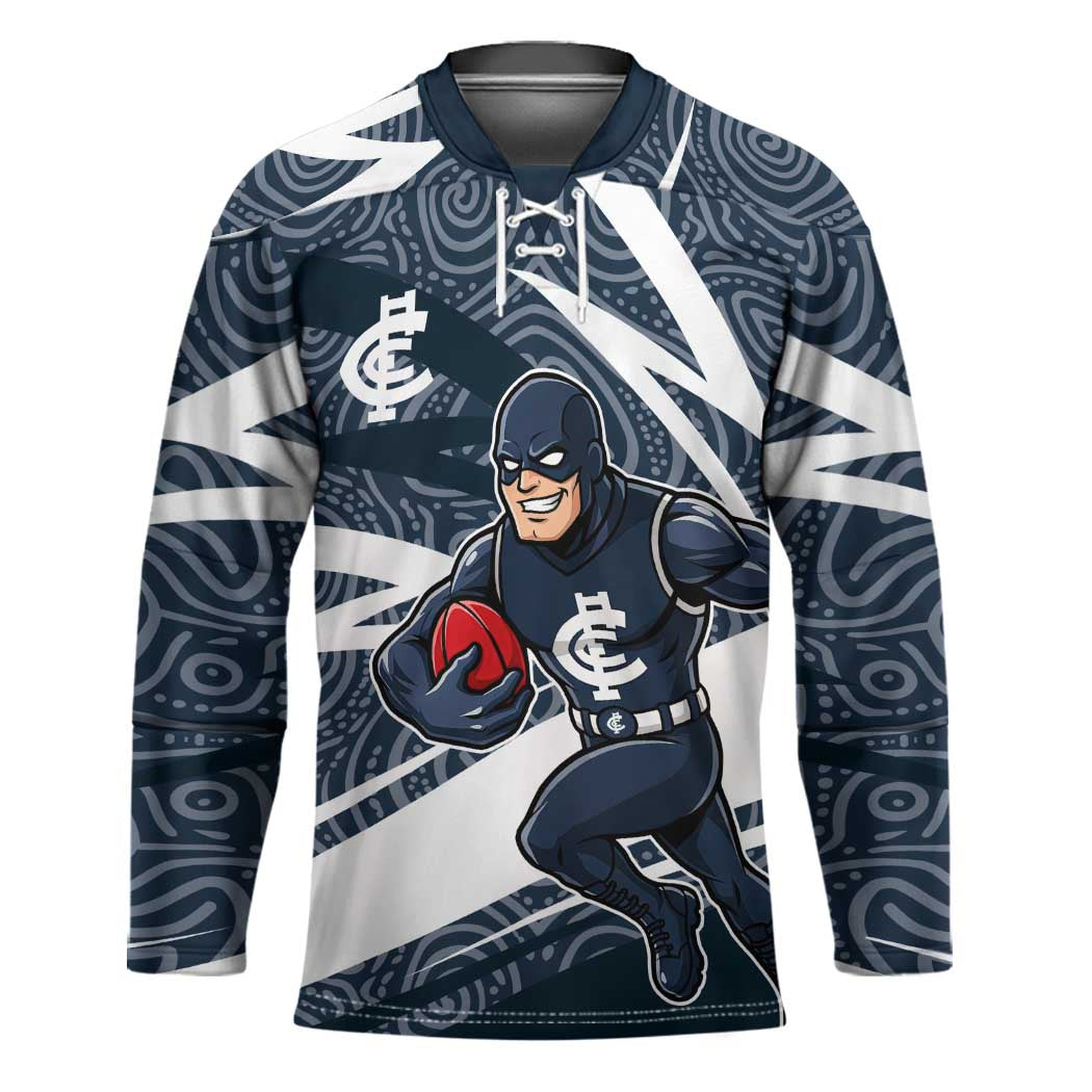 Carlton Blues Australian Football Hockey Jersey Superhero Mascot With Indigenous Pattern Art