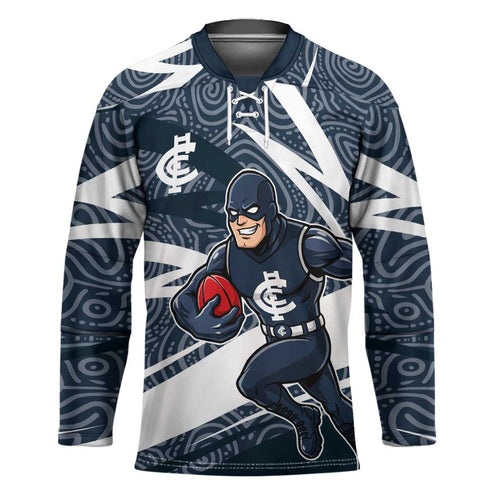 Carlton Blues Australian Football Hockey Jersey Superhero Mascot With Indigenous Pattern Art