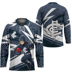 Carlton Blues Australian Football Hockey Jersey Superhero Mascot With Indigenous Pattern Art