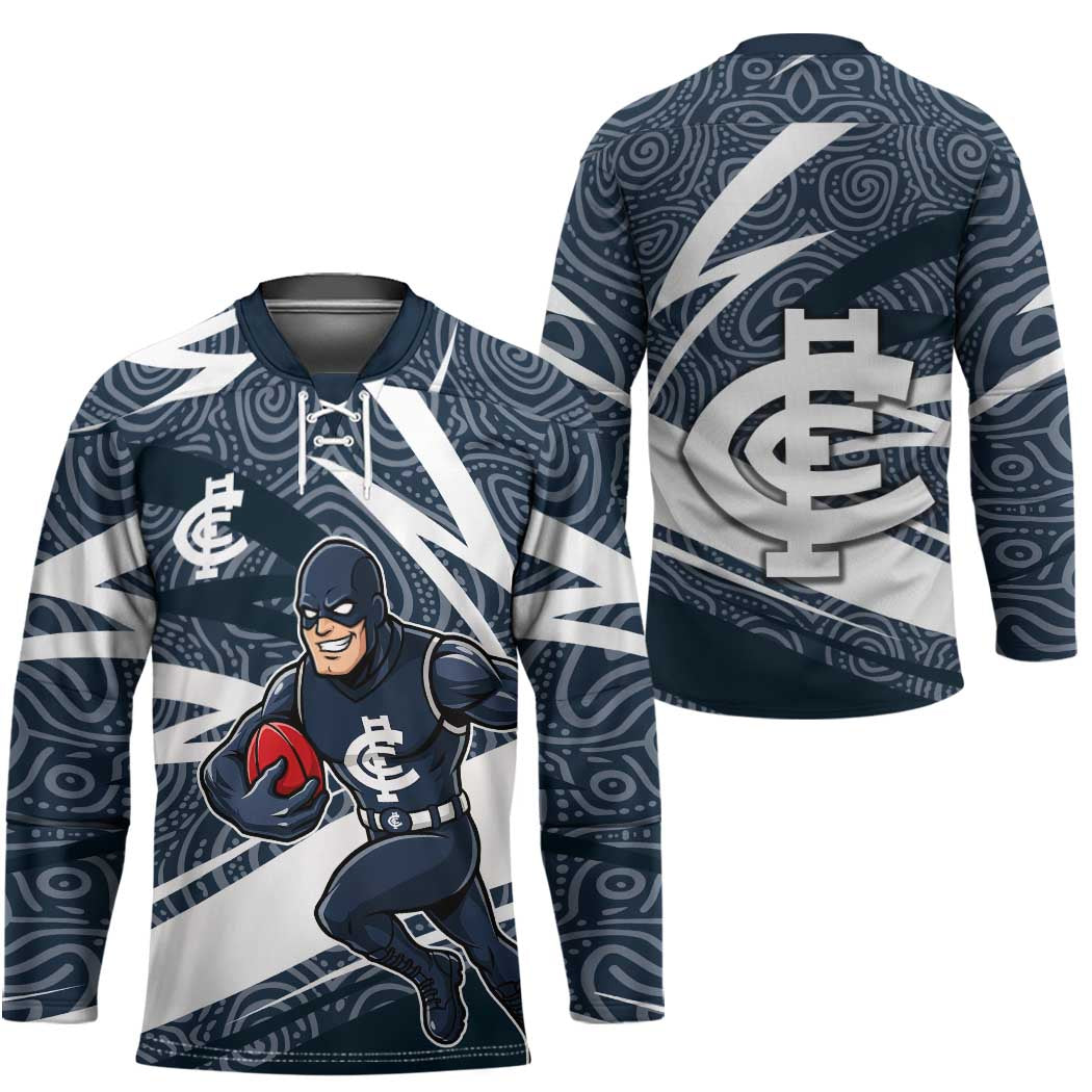 Carlton Blues Australian Football Hockey Jersey Superhero Mascot With Indigenous Pattern Art