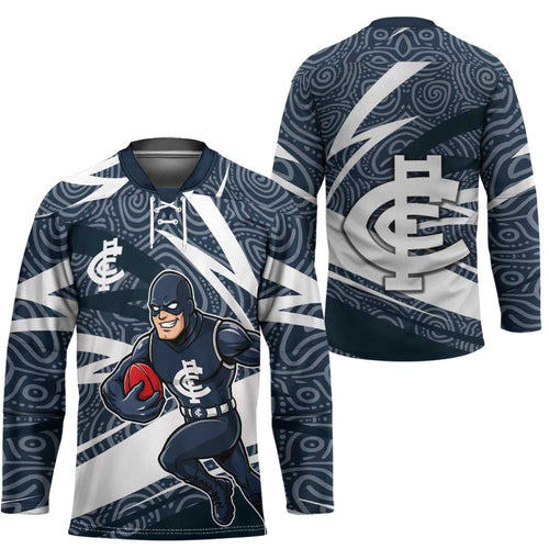 Carlton Blues Australian Football Hockey Jersey Superhero Mascot With Indigenous Pattern Art