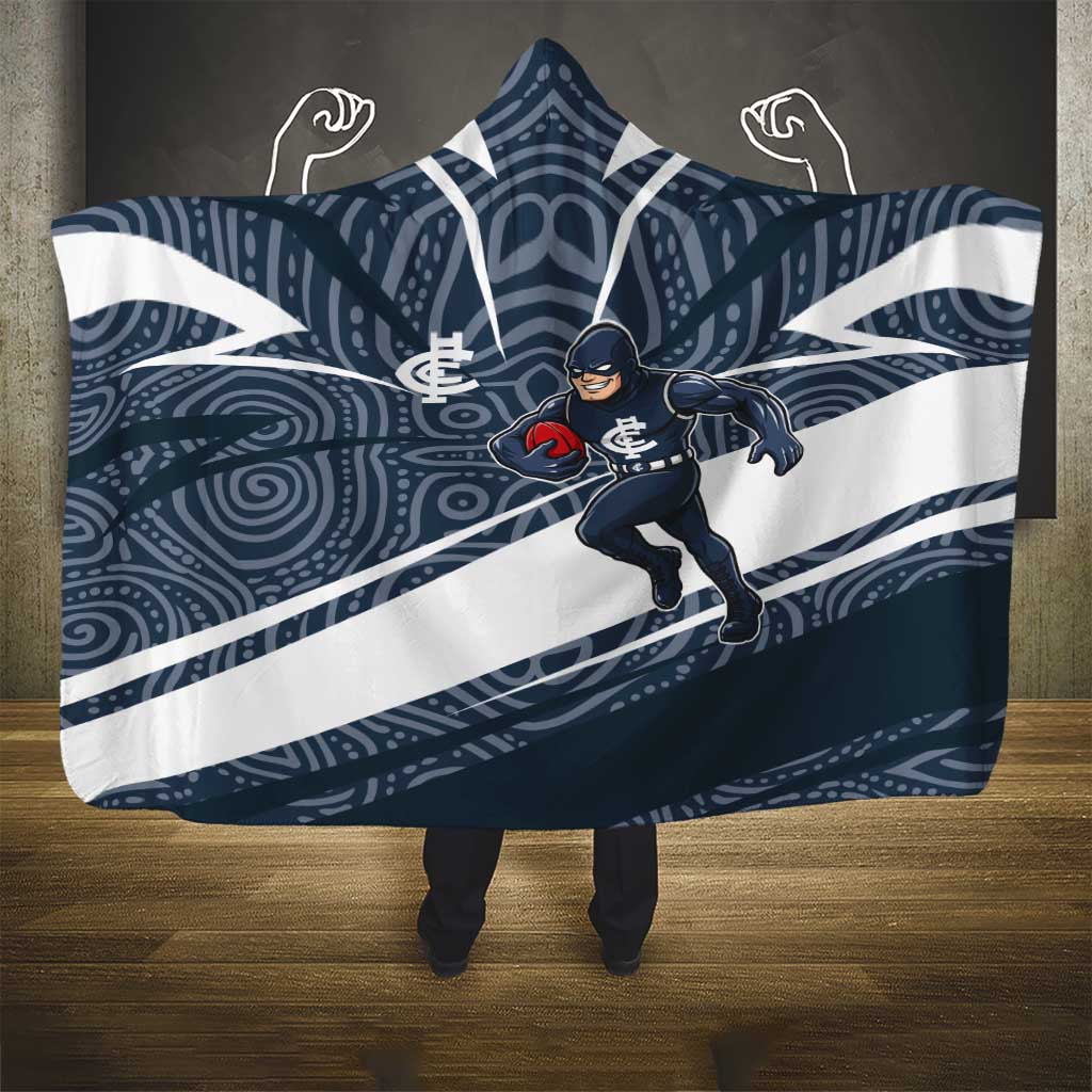Carlton Blues Australian Football Hooded Blanket Superhero Mascot With Indigenous Pattern Art
