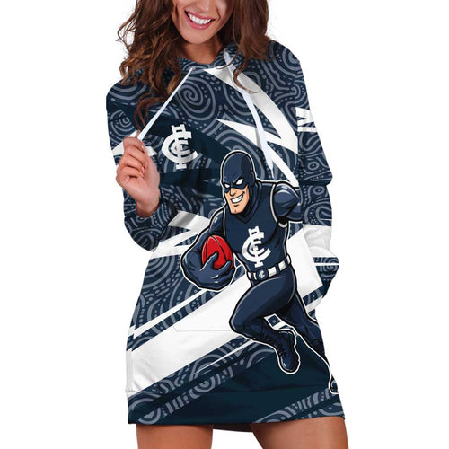 Carlton Blues Australian Football Hoodie Dress Superhero Mascot With Indigenous Pattern Art