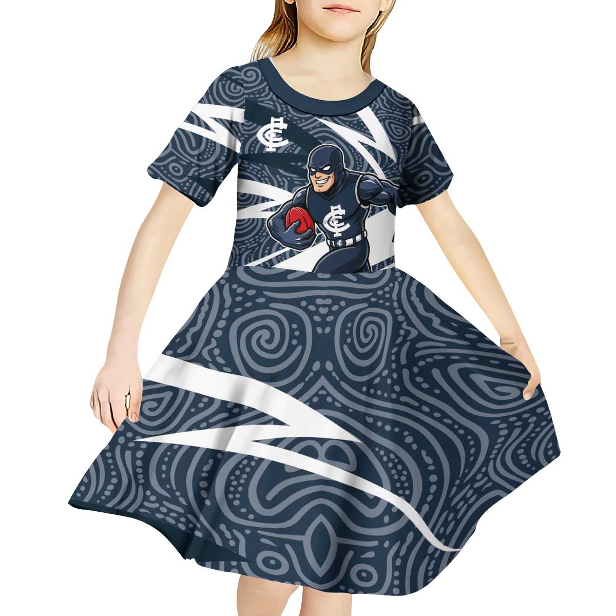 Carlton Blues Australian Football Kid Short Sleeve Dress Superhero Mascot With Indigenous Pattern Art