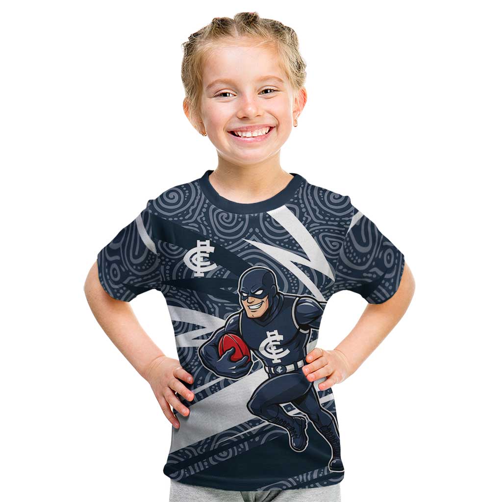 Carlton Blues Australian Football Kid T Shirt Superhero Mascot With Indigenous Pattern Art