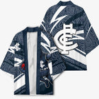 Carlton Blues Australian Football Kimono Superhero Mascot With Indigenous Pattern Art