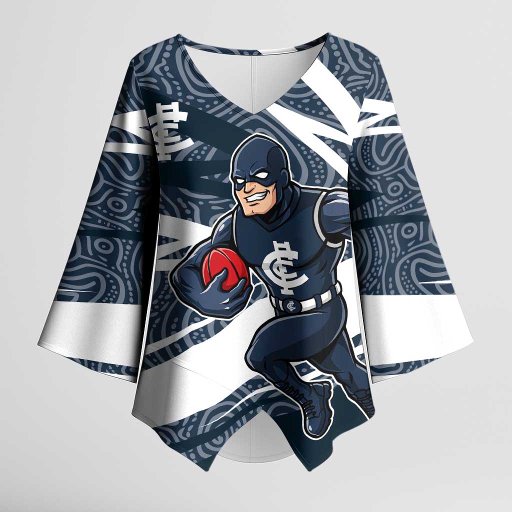 Carlton Blues Australian Football Kimono Sleeve Blouse Superhero Mascot With Indigenous Pattern Art