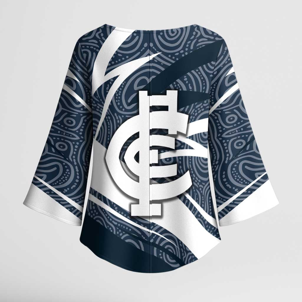 Carlton Blues Australian Football Kimono Sleeve Blouse Superhero Mascot With Indigenous Pattern Art