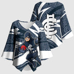 Carlton Blues Australian Football Kimono Sleeve Blouse Superhero Mascot With Indigenous Pattern Art