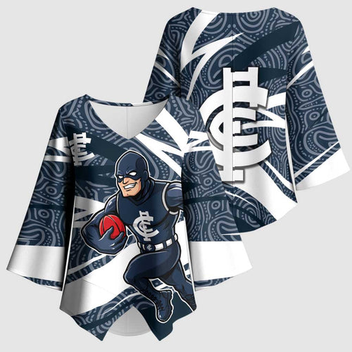 Carlton Blues Australian Football Kimono Sleeve Blouse Superhero Mascot With Indigenous Pattern Art