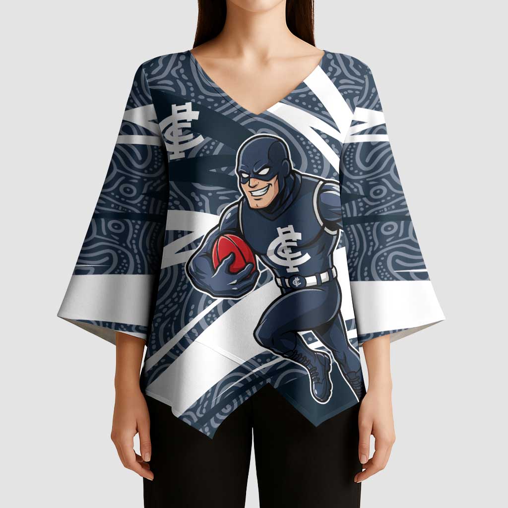 Carlton Blues Australian Football Kimono Sleeve Blouse Superhero Mascot With Indigenous Pattern Art