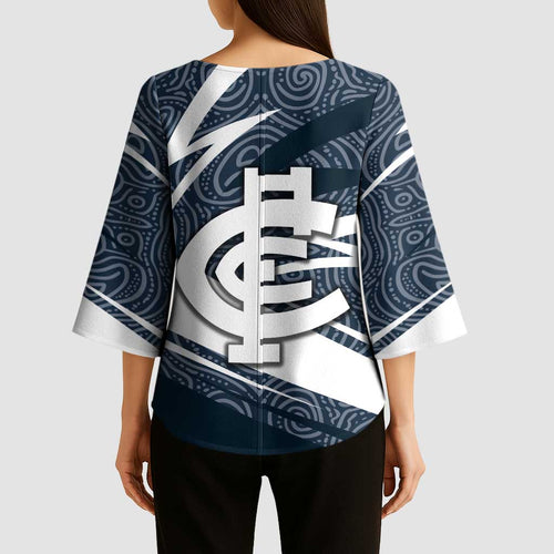 Carlton Blues Australian Football Kimono Sleeve Blouse Superhero Mascot With Indigenous Pattern Art