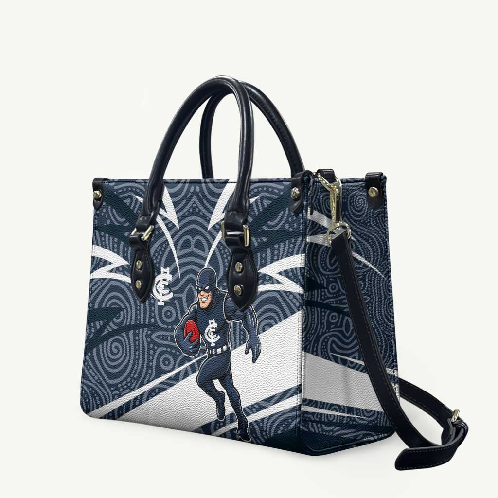 Carlton Blues Australian Football Leather Bag Superhero Mascot With Indigenous Pattern Art