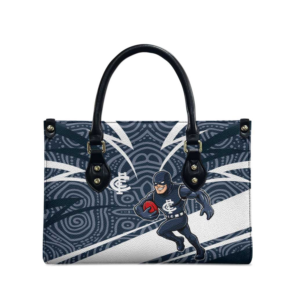 Carlton Blues Australian Football Leather Bag Superhero Mascot With Indigenous Pattern Art