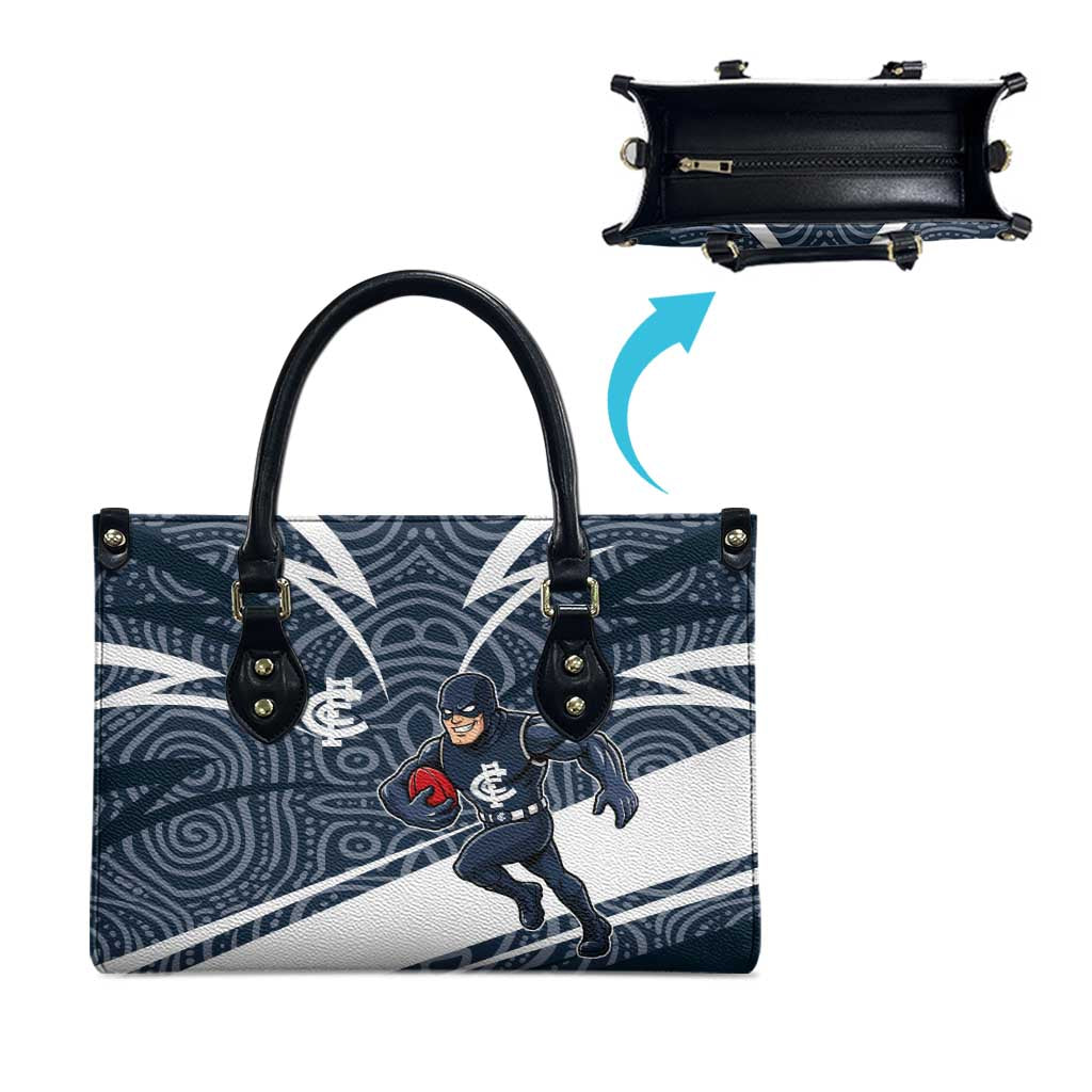 Carlton Blues Australian Football Leather Bag Superhero Mascot With Indigenous Pattern Art