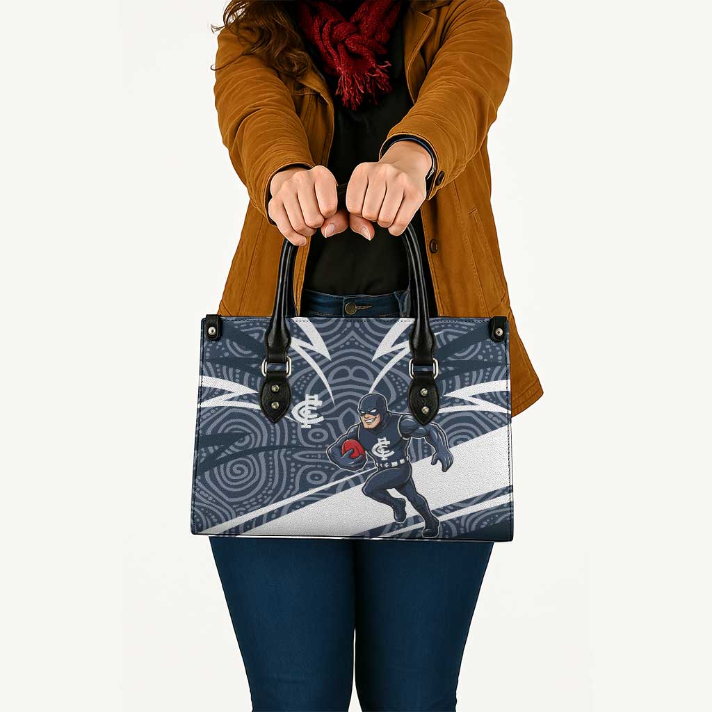 Carlton Blues Australian Football Leather Bag Superhero Mascot With Indigenous Pattern Art