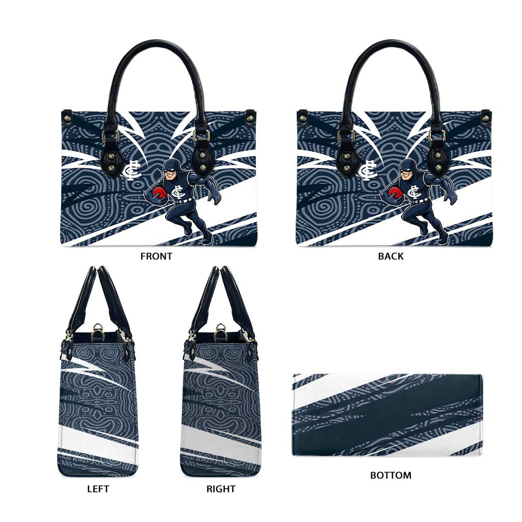 Carlton Blues Australian Football Leather Bag Superhero Mascot With Indigenous Pattern Art
