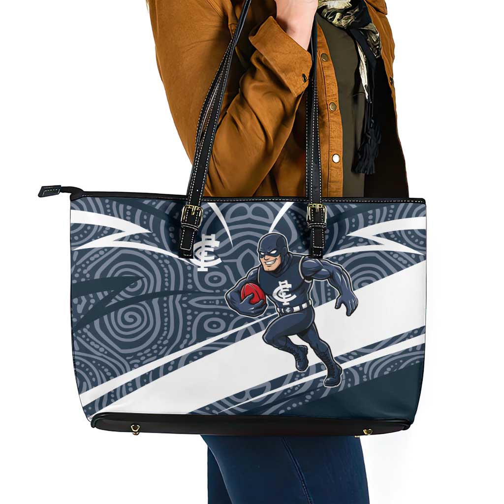 Carlton Blues Australian Football Leather Tote Bag Superhero Mascot With Indigenous Pattern Art