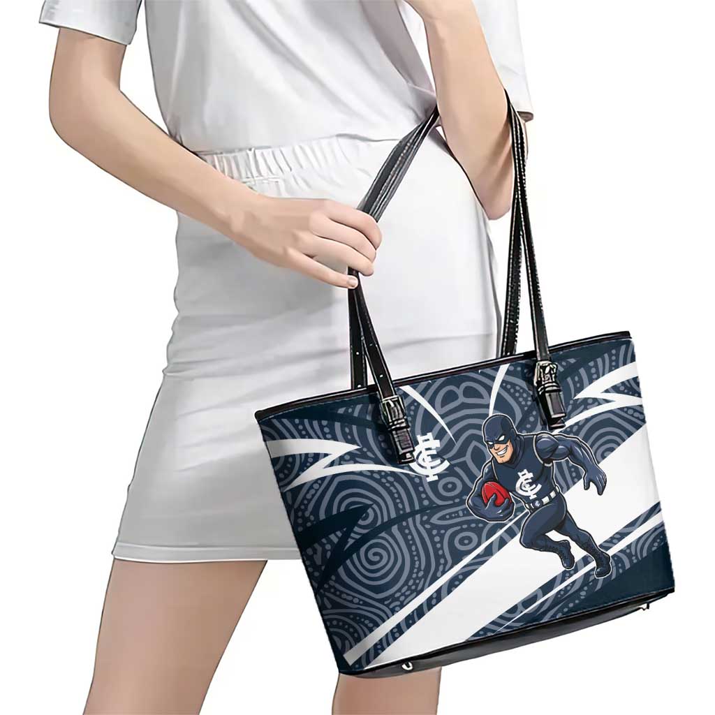 Carlton Blues Australian Football Leather Tote Bag Superhero Mascot With Indigenous Pattern Art
