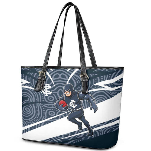 Carlton Blues Australian Football Leather Tote Bag Superhero Mascot With Indigenous Pattern Art