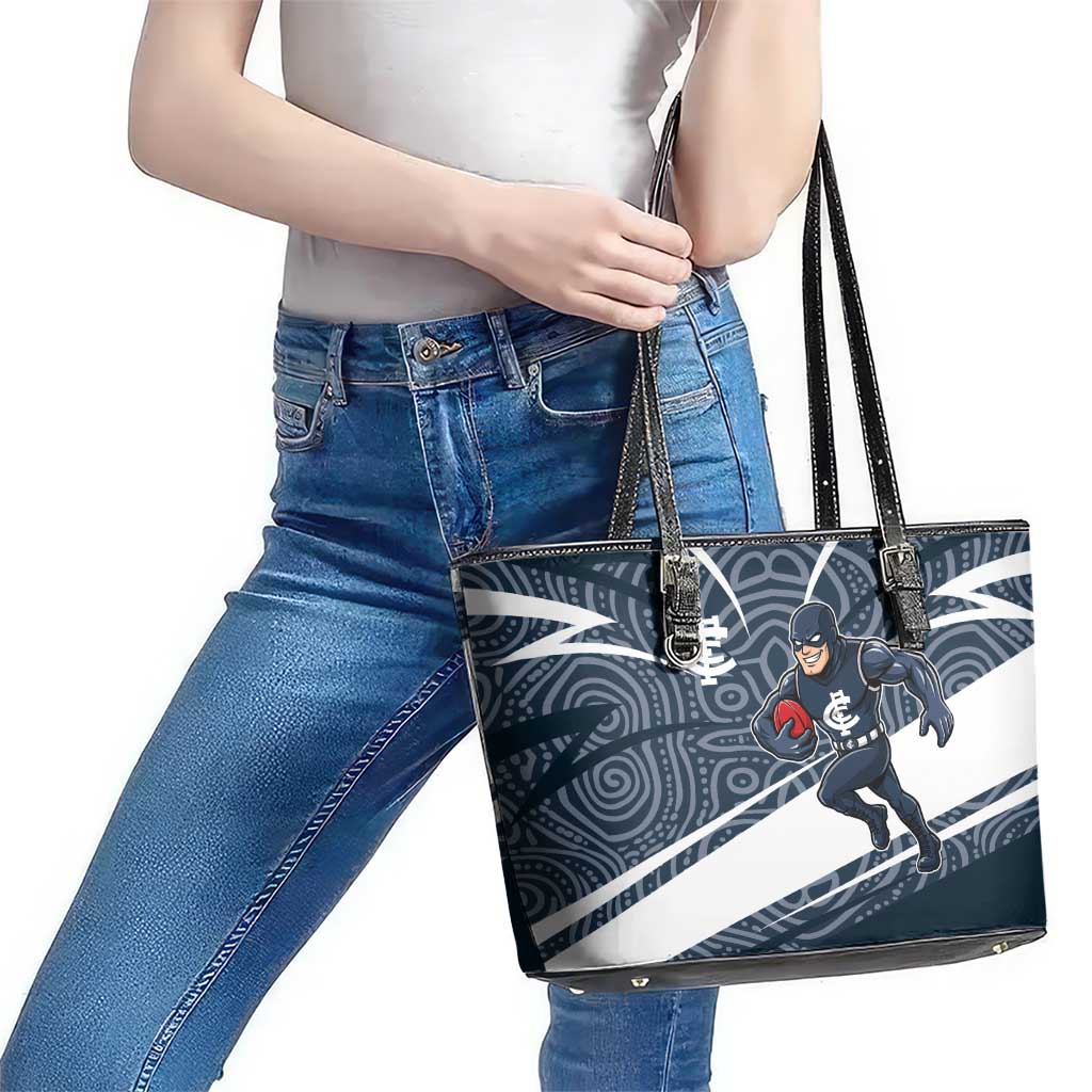 Carlton Blues Australian Football Leather Tote Bag Superhero Mascot With Indigenous Pattern Art