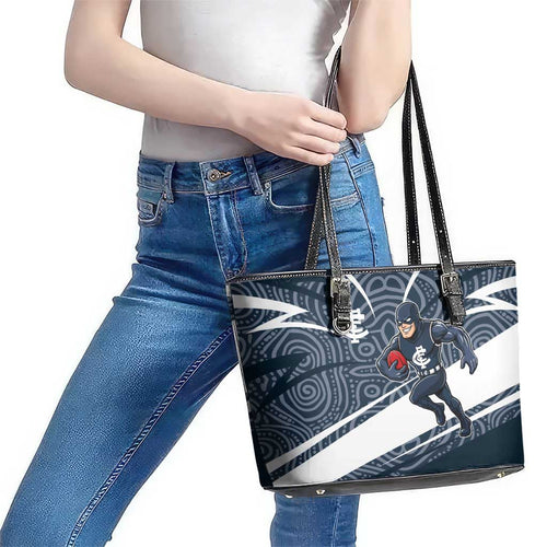 Carlton Blues Australian Football Leather Tote Bag Superhero Mascot With Indigenous Pattern Art