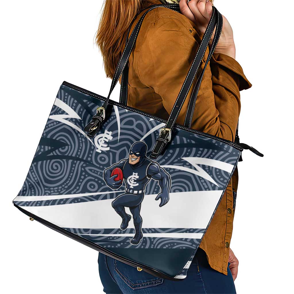 Carlton Blues Australian Football Leather Tote Bag Superhero Mascot With Indigenous Pattern Art