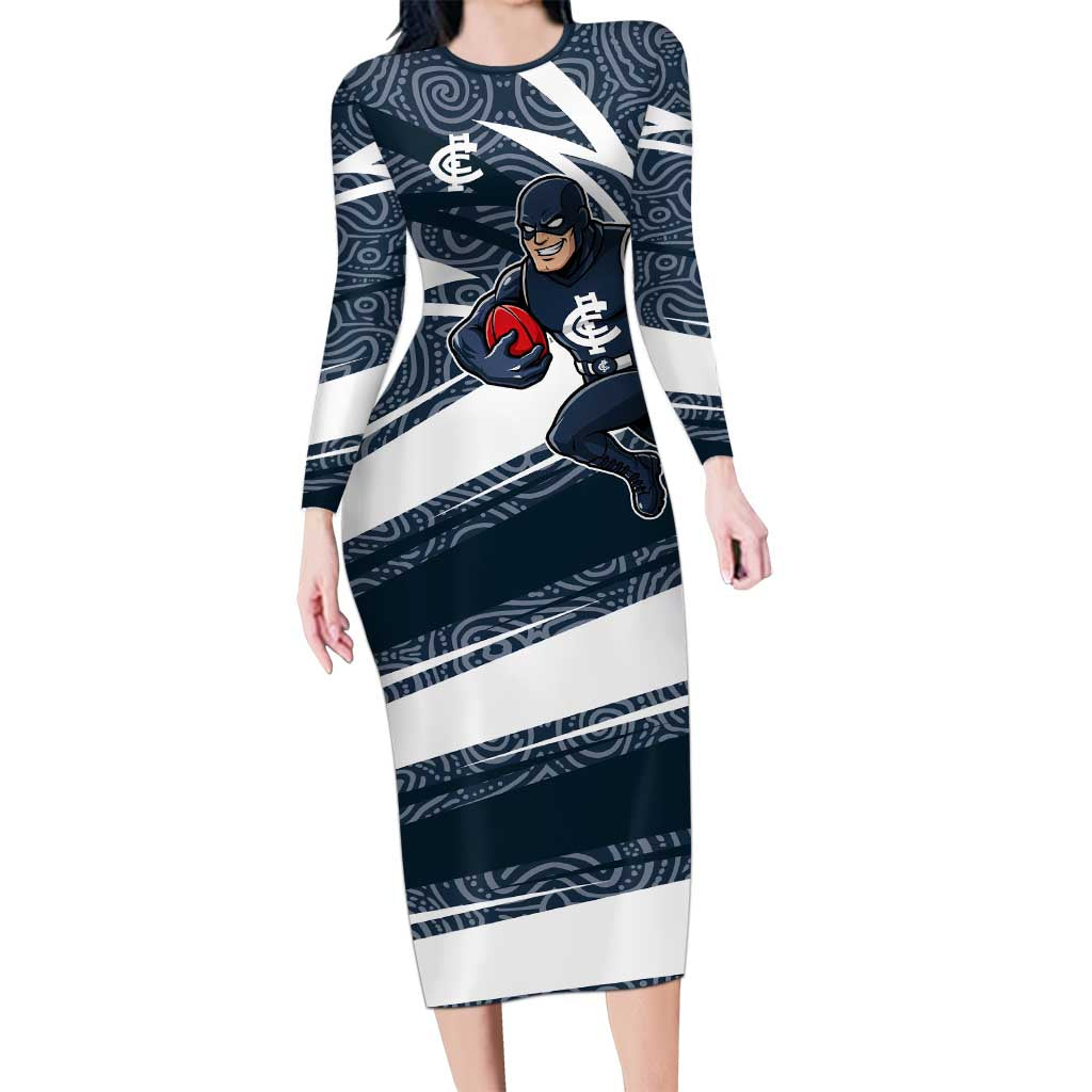 Carlton Blues Australian Football Long Sleeve Bodycon Dress Superhero Mascot With Indigenous Pattern Art