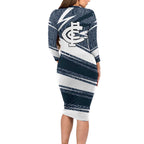 Carlton Blues Australian Football Long Sleeve Bodycon Dress Superhero Mascot With Indigenous Pattern Art