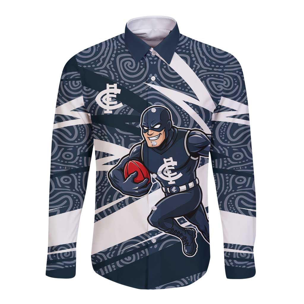 Carlton Blues Australian Football Long Sleeve Button Shirt Superhero Mascot With Indigenous Pattern Art