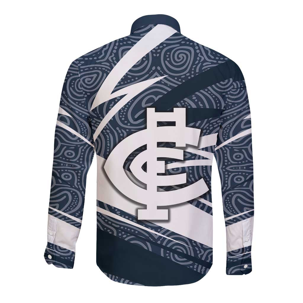 Carlton Blues Australian Football Long Sleeve Button Shirt Superhero Mascot With Indigenous Pattern Art