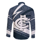 Carlton Blues Australian Football Long Sleeve Button Shirt Superhero Mascot With Indigenous Pattern Art