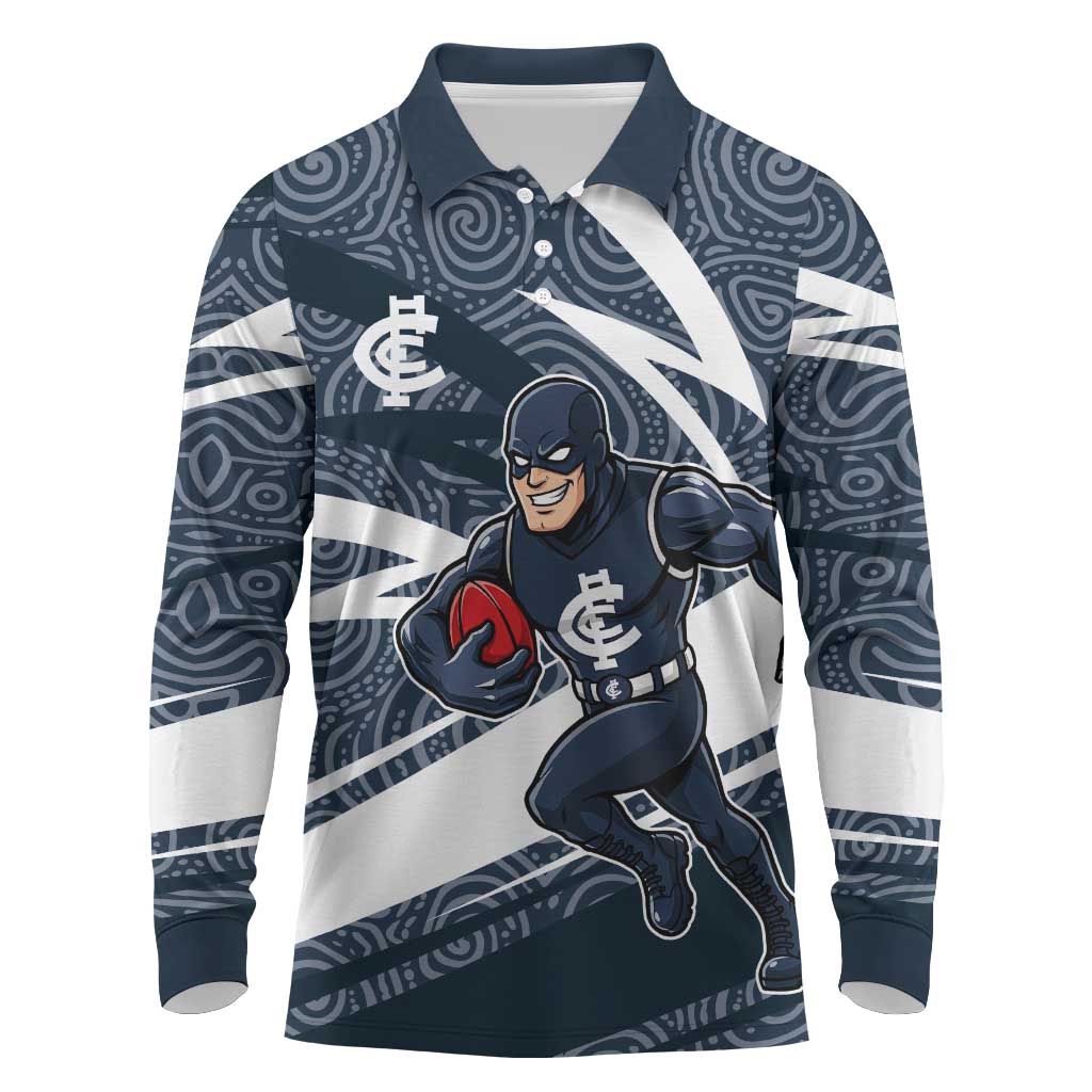 Carlton Blues Australian Football Long Sleeve Polo Shirt Superhero Mascot With Indigenous Pattern Art