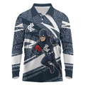 Carlton Blues Australian Football Long Sleeve Polo Shirt Superhero Mascot With Indigenous Pattern Art