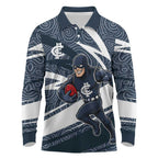Carlton Blues Australian Football Long Sleeve Polo Shirt Superhero Mascot With Indigenous Pattern Art