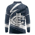 Carlton Blues Australian Football Long Sleeve Polo Shirt Superhero Mascot With Indigenous Pattern Art