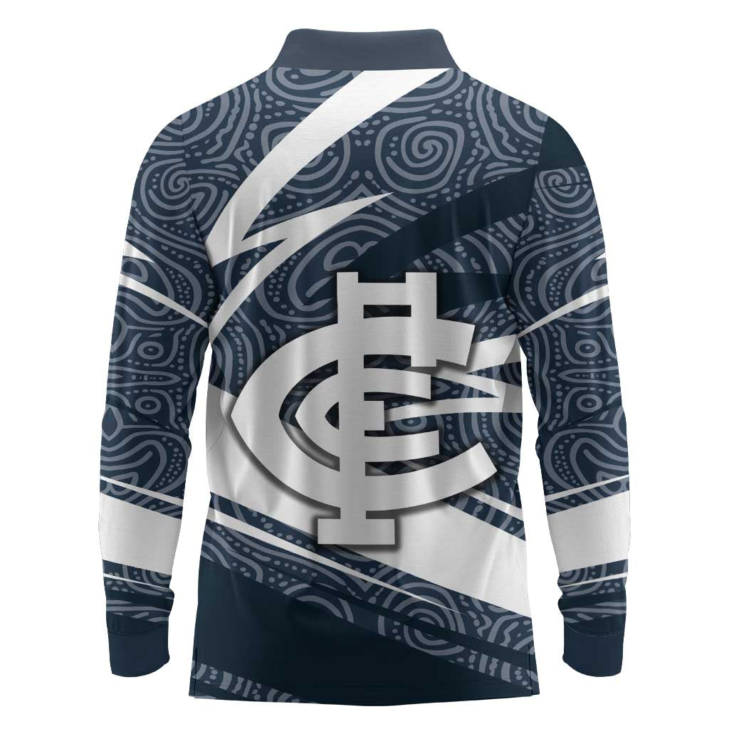 Carlton Blues Australian Football Long Sleeve Polo Shirt Superhero Mascot With Indigenous Pattern Art