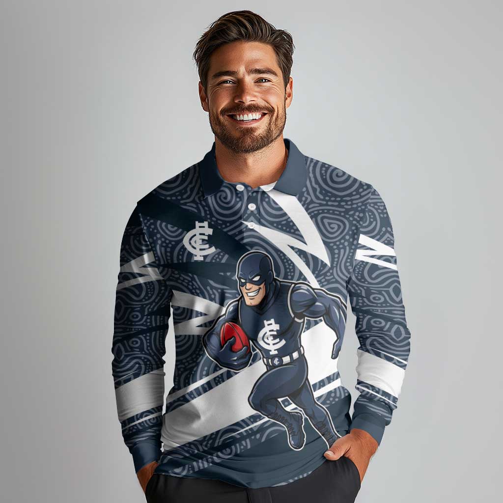Carlton Blues Australian Football Long Sleeve Polo Shirt Superhero Mascot With Indigenous Pattern Art