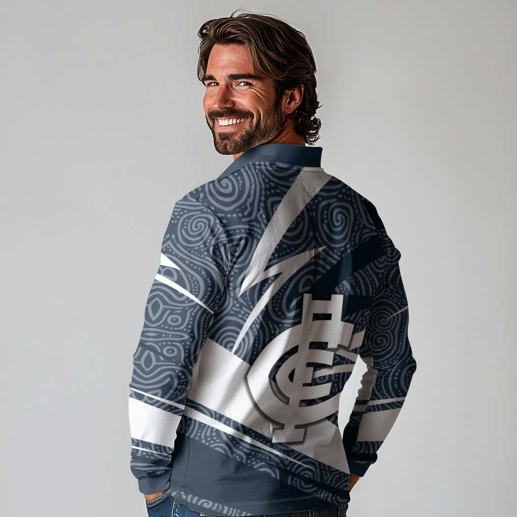 Carlton Blues Australian Football Long Sleeve Polo Shirt Superhero Mascot With Indigenous Pattern Art
