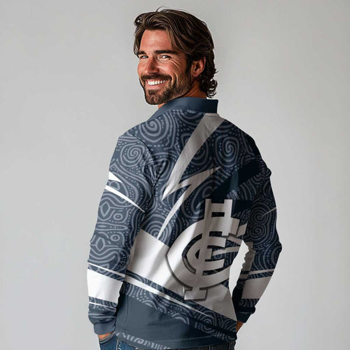 Carlton Blues Australian Football Long Sleeve Polo Shirt Superhero Mascot With Indigenous Pattern Art