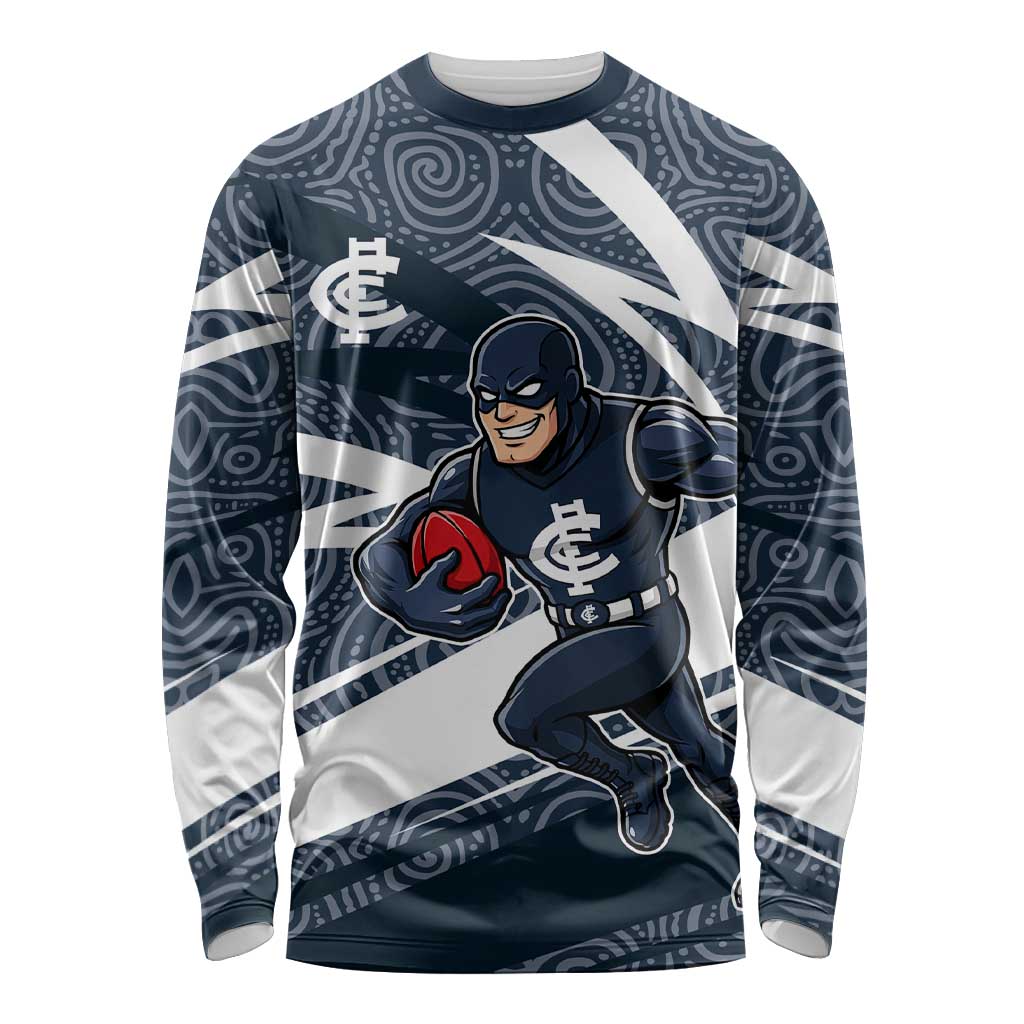 Carlton Blues Australian Football Long Sleeve Shirt Superhero Mascot With Indigenous Pattern Art