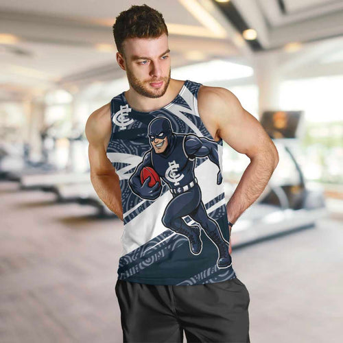 Carlton Blues Australian Football Men Tank Top Superhero Mascot With Indigenous Pattern Art