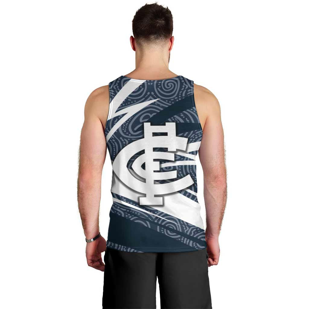 Carlton Blues Australian Football Men Tank Top Superhero Mascot With Indigenous Pattern Art