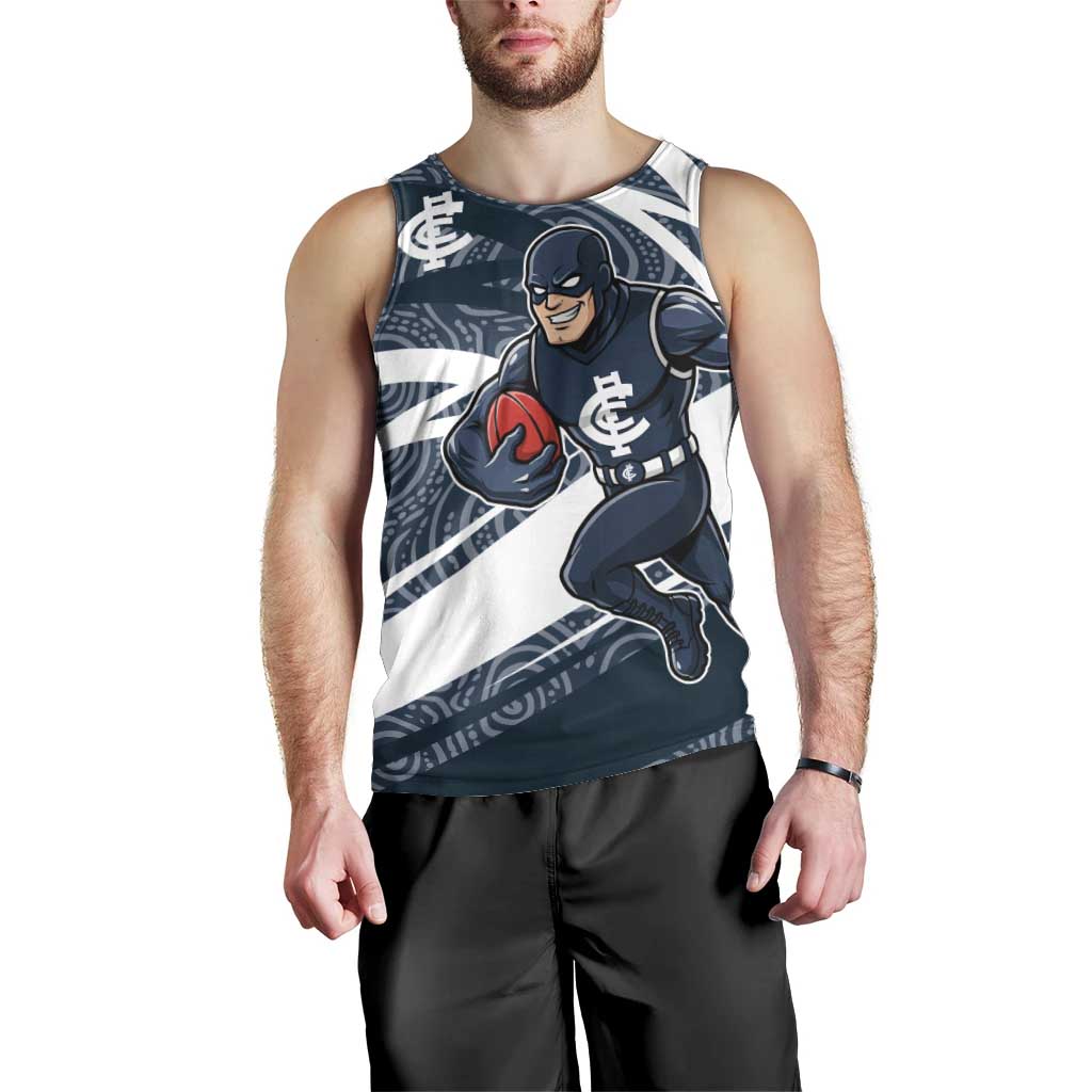 Carlton Blues Australian Football Men Tank Top Superhero Mascot With Indigenous Pattern Art