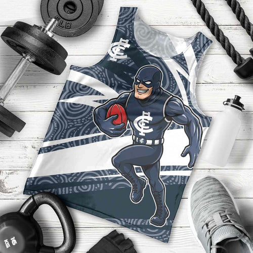 Carlton Blues Australian Football Men Tank Top Superhero Mascot With Indigenous Pattern Art