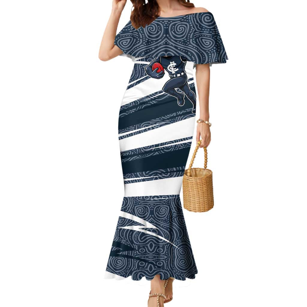 Carlton Blues Australian Football Mermaid Dress Superhero Mascot With Indigenous Pattern Art