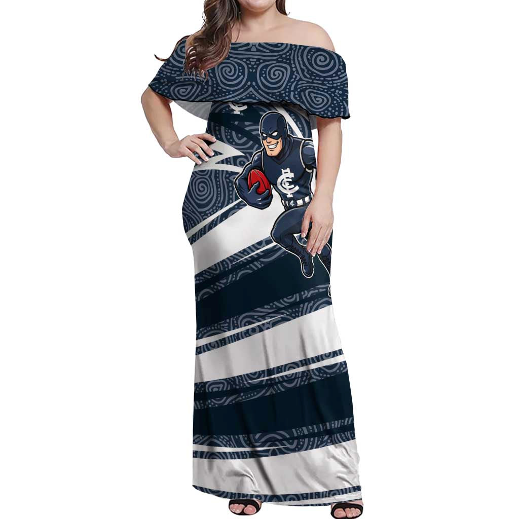 Carlton Blues Australian Football Off Shoulder Maxi Dress Superhero Mascot With Indigenous Pattern Art
