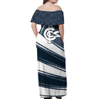 Carlton Blues Australian Football Off Shoulder Maxi Dress Superhero Mascot With Indigenous Pattern Art